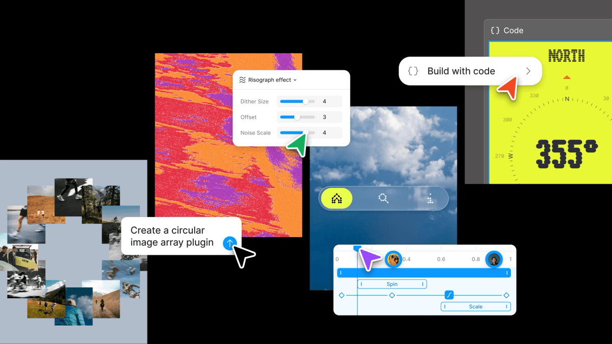 Figma Config 2026 artwork showing code, motion and creative tools arranged across a design canvas.